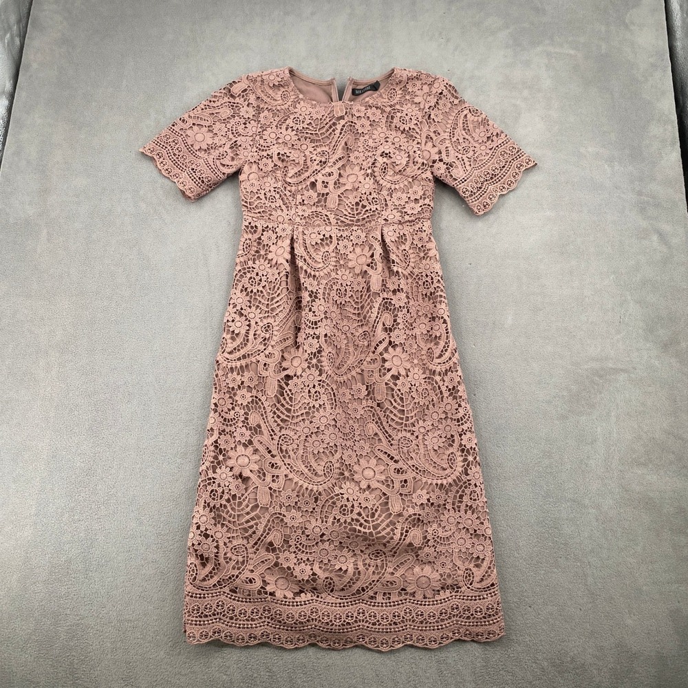 Mikarose Pink Floral Lace Short Sleeve Midi Dress XS Modest Wedding Guest